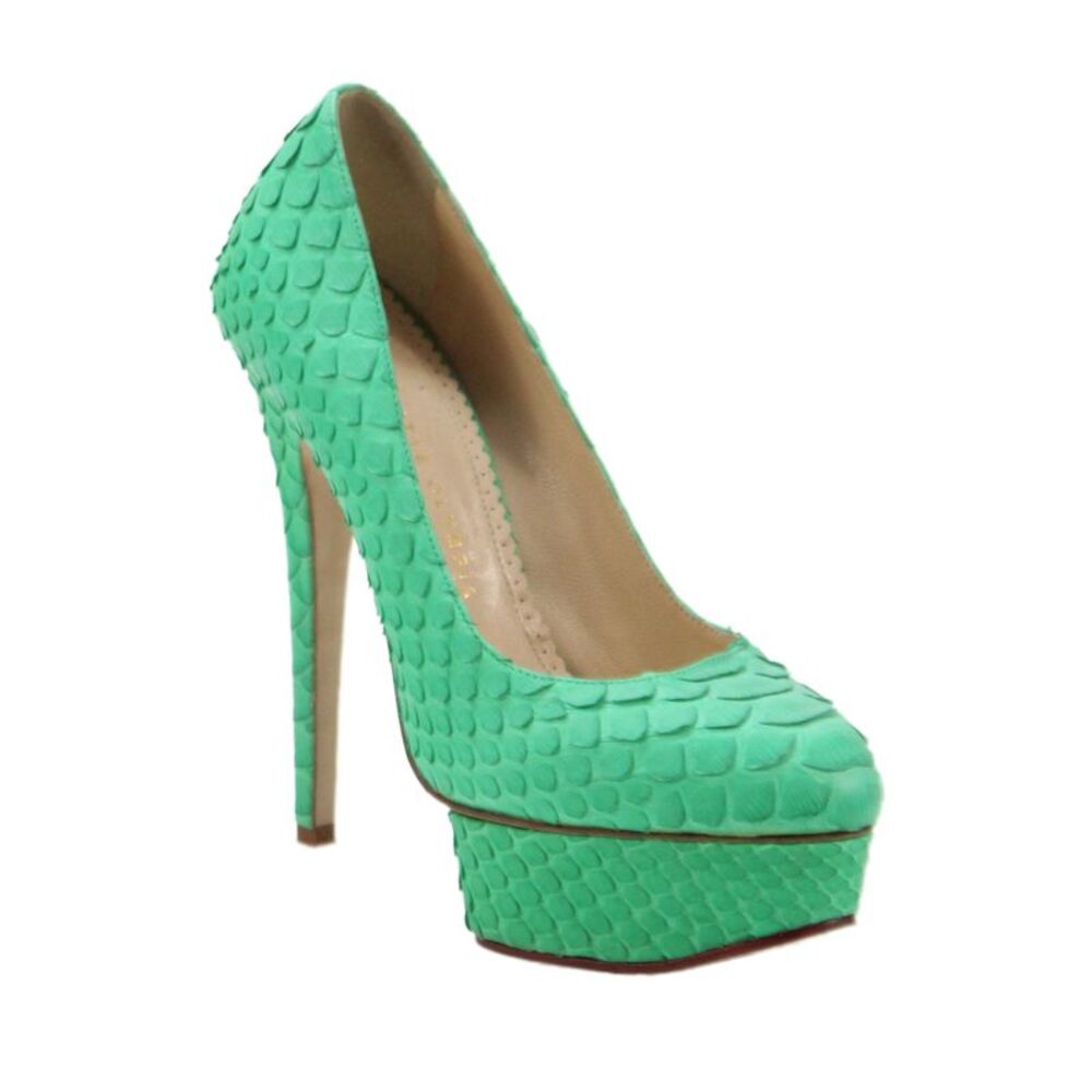 Charlotte Olympia Womens Snakeskin Print Platform Pumps Green Size 37.5 7.5